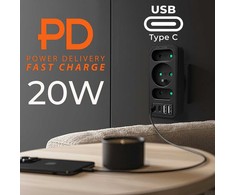 Srovės lizdai x3 + 4xUSB Maclean, skirstytuvas su 3 lizdais, 2xUSB A, 2xUSB C PD 20W, 1x16A + 2x6A, MCE248 F/B