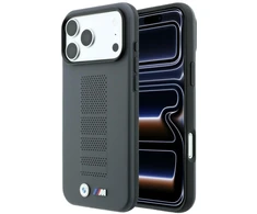 Dėklas BMW M Mėlyna Perfo Metal Logo MagSafe, skirtas iPhone 18 Pro Max / 17 Pro Max, pilkas