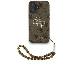 Guess PU 4G Metal Logo Strap dėklas skirtas Apple iPhone 16 rudos spalvos