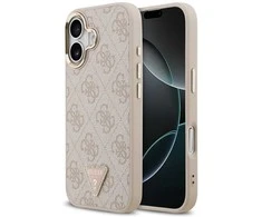 Guess PU Leather 4G Strass Triangle Logo Gold Frame MagSafe dėklas skirtas Apple iPhone 17 rožinės spalvos