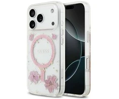 GUESS dėklas, skirtas IPHONE 17 Pro, suderinamas su MagSafe GUHMP17LRBFGFGMP (dervos gėlės ir blizgučiai), rožinis