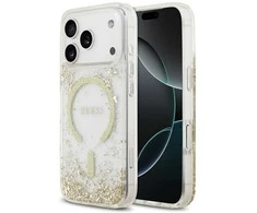 Guess Resin Bottom Glitter MagSafe dėklas skirtas Apple iPhone 17 Pro aukso spalvos