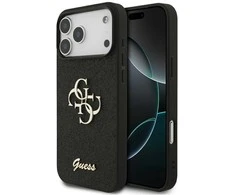 Guess PU Fixed Glitter 4G Metal Logo dėklas skirtas Apple iPhone 17 Pro Max juodos spalvos