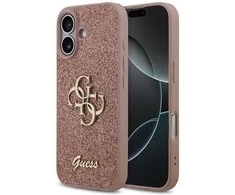Guess PU Fixed Glitter 4G Metal Logo dėklas skirtas Apple iPhone 17 rožinės spalvos