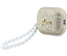 Dėklas „Guess“ blizgantis perlų dirželis, skirtas „AirPods Pro 3“ ausinėms – auksinis