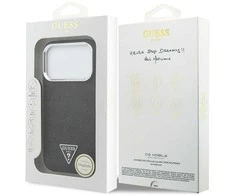 Dėklas Guess Glitter Triangle Logo MagSafe skirtas Apple iPhone 17 Pro juodos spalvos