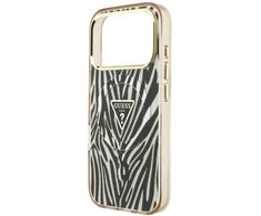 Guess IML Zebra Glitter Triangle Logo MagSafe dėklas, skirtas iPhone 17 Pro Max / 18 Pro Max - Auksinė