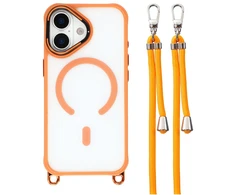 „Hurtel“ „iPhone 17“ dėklas su reguliuojamu dirželiu per petį ir „MagSafe“ suderinamu kameros rėmeliu kaip stovas – oranžinis