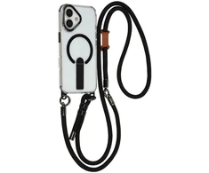 „Hurtel“ „iPhone 17“ dėklas su stovu, trumpu dirželiu (30 cm) ir ilgu dirželiu (120 cm), suderinamas su „MagSafe“ - juodas