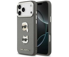 Karl Lagerfeld FW Grained Karl &amp; Choupette Heads Pins &amp; Logo dėklas skirtas Apple iPhone 17 Pro Max pilkos spalvos
