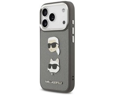 Karl Lagerfeld FW Grained Karl &amp; Choupette Heads Pins &amp; Logo dėklas skirtas Apple iPhone 17 Pro pilkos spalvos