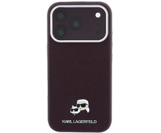 Karl Lagerfeld Grūdėtos odos Choupette galvutės metalinis MagSafe dėklas, skirtas iPhone 18 Pro Max – bordo spalvos