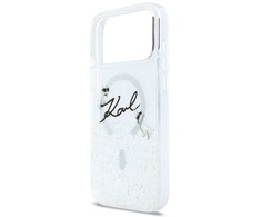 „Karl Lagerfeld“ skysto blizgučio „Karl Script“ logotipo „MagSafe“ dėklas, skirtas „iPhone 17 Pro Max“ – skaidrus
