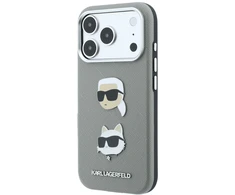 Karl Lagerfeld Saffiano dėklas su Karl &amp; Choupette galvų smeigtukais ir logotipu, skirtas iPhone 18 Pro / 17 Pro - Pilkas