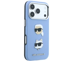 Dėklas Karl Lagerfeld Saffiano with Karl &amp; Choupette Heads Pins &amp; Logo case for iPhone 18 Pro / 17 Pro - light mėlynas