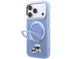 Dėklas Karl Lagerfeld su 360° žiediniu stovu Karl & Choupette Heads Pin MagSafe, skirtas iPhone 18 Pro/17 Pro