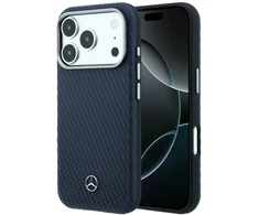 Dėklas Mercedes Leather Semi Wrap Wood Effect MagSafe Case for iPhone 17 Pro - Navy Mėlyna