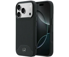 Dėklas Mercedes Leather Wood Effect and Curve MagSafe iPhone 17 Pro juodos spalvos