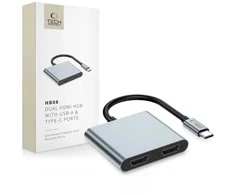 „Tech-Protect HB08 4in1“ USB-C + USB2.0 + 2 x HDMI 4K 60HZ adapteris - pilka