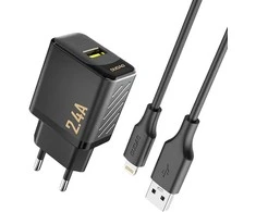 Dudao A23LEU 2.4A GaN EU USB-A sieninis įkroviklis su USB-A į Lightning kabeliu - Juodas