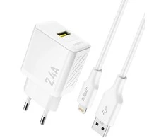 Dudao A23LEU 2.4A GaN EU USB-A sieninis įkroviklis su USB-A į Lightning kabeliu - Baltas