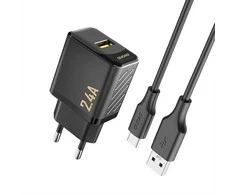 Dudao A23TEU 2.4A GaN USB-A sieninis įkroviklis su USB-A - USB-C laidu - juodas