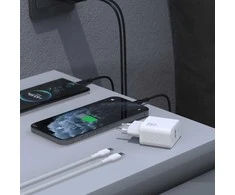 Dudao A26TCEU PD QC 25W GaN USB-A USB-C sieninis įkroviklis su USB-C laidu – baltas