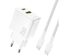 Dudao A26TCEU PD QC 25W GaN USB-A USB-C sieninis įkroviklis su USB-C laidu – baltas
