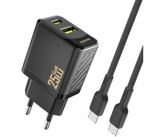 Dudao A26TCEU PD QC 25W GaN USB-A USB-C sieninis įkroviklis su USB-C laidu - Juodas
