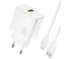 Dudao A27STEU 25W GaN USB-A sieninis įkroviklis su USB-A - USB-C laidu - Baltas
