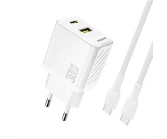 Dudao A27TCEU PD 30W GaN USB-A USB-C Wall Charger with USB-C Cable - Baltas