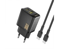 Dudao A27TCEU PD 30W GaN USB-A USB-C Wall Charger with USB-C Cable - Juodas