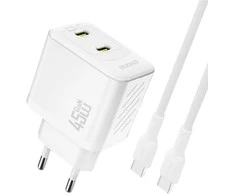 Dudao A28PCEU PD 45W GaN 2xUSB-C sieninis įkroviklis su USB-C laidu – baltas