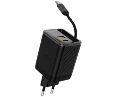 Dudao A67EU GaN 67W sieninis įkroviklis su integruotu ištraukiamu USB-C maitinimo laidu greitam įkrovimui - Juodas