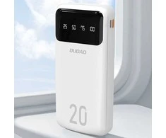 Dudao didelės talpos išorinė baterija su 4 integruotais laidais, 20000mAh, USB C tipo + micro USB + Lightning + USB-A (įvestis) - baltas (Dudao K6Pro+)