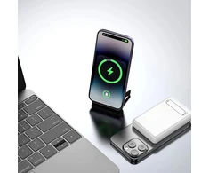 Magnetinis išorinis akumuliatorius (powerbank) Dudao K14S+ 10000mAh 22.5W USB-A + USB-C suderinamas su MagSafe su stovu – baltas