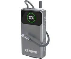 Dudao K31 Pro 45W 20000mAh Power Bank with Built-in Retractable USB-C Cable – pilkos spalvos