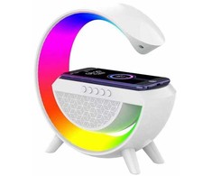 Elight G formas skaļruņa lampa ar RGB LED apgaismojumu un bezvadu viedierīču uzlādes ierīci balts