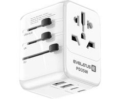 Evelatus 651DCPro 2in1 Pasaules 160 valstu barošanas adapteris un PD 35W lādētājs 3x USB-C / 2x USB Balts