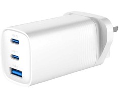 Evelatus 65W GaN Ātrais Lādētājs UK Kontaktligzda 2× USB-C + USB-A PD/QC Multi-Port Balts