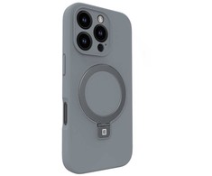 Evelatus iPhone 16 Pro Premium MagSafe ar Stendu Mīkstā Taustes Silikona Maciņš Sudrabs