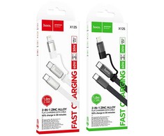 Plokščias kabelis USB C į USB C/iP 2in1 Hoco 3A 60W 1 m X125 juodas