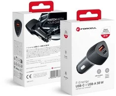 Car charger Forcell F-Energy Carbon USB C + USB A QC3.0 PD 3A 38W CC50-1A1C juodas