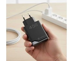 Telefono įkroviklis Forcell F-Energy Ultra Slim GaN III 2 x USB C PD QC4.0 3A 45W B245201(2C) juodas