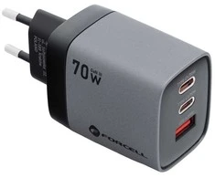 Phone charger Forcell F-Energy GaN III 2 x USB C + USB A QC4.0 3,45A PD 70W SAM SFC2.0 with display LCD VT-37 pilka