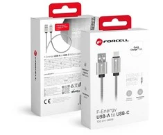 USB A į USB C laidas Forcell F-Energy QC3.0 66W metalinis 1 m C234 sidabrinis