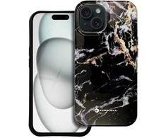„iPhone 15 PRO Forcell F-Protect Mirage“ dėklas, suderinamas su „Magsafe Military Drop-Test“ juodo marmuro korpusu.