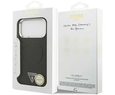 Guess PU odos dėklas su trikampiu logotipu ir MagSafe funkcija, skirtas iPhone 17 Pro Max, juodos spalvos