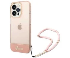 Apple iPhone 14 Pro Max Guess dėklas Translucent Pearl Strap rožinės spalvos