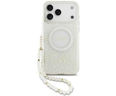 „Guess IML Flowers Electro Pearl Strap MagSafe“ dėklas, skirtas „iPhone 17 Pro Max“ – baltas
